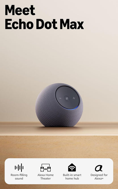 Amazon Echo Dot Max (newest model), Alexa speaker with room-filling sound and nearly 3x bass, Great for living rooms and medium-sized spaces, Designed for Alexa+, Graphite