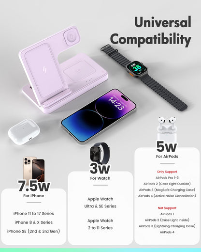 Wireless Charger iPhone Charging Station: 3 in 1 Charger Stand Multiple Devices for Apple - iPhone 17 16e 16 15 14 Pro Max 13 12 11 - Watch 11 10 9 8 7 6 5 4 3 2 SE and Ultra Series - Airpods 4 3 Pro